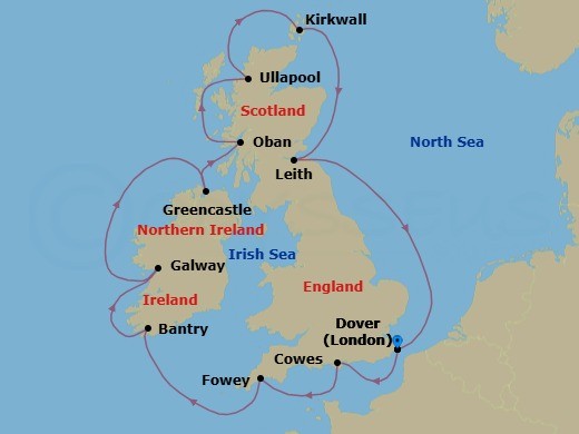 14 Night - Exploration of Scottish Isles & Irish Coasts - Seabourn Quest - Starting in Dover UK (London), England, Cowes, Isle of Wight, England, UK, Fowey, Cornwall, United Kingdom, Bantry, Ireland, Galway, Ireland, Greencastle (Londonderry), Ireland, Oban UK, Scotland, Ullapool, Scotland, United Kingdom, Kirkwall, Scotland, United Kingdom, Leith (Edinburgh), Scotland, United Kingdom, Dover UK (London), England itinerary map