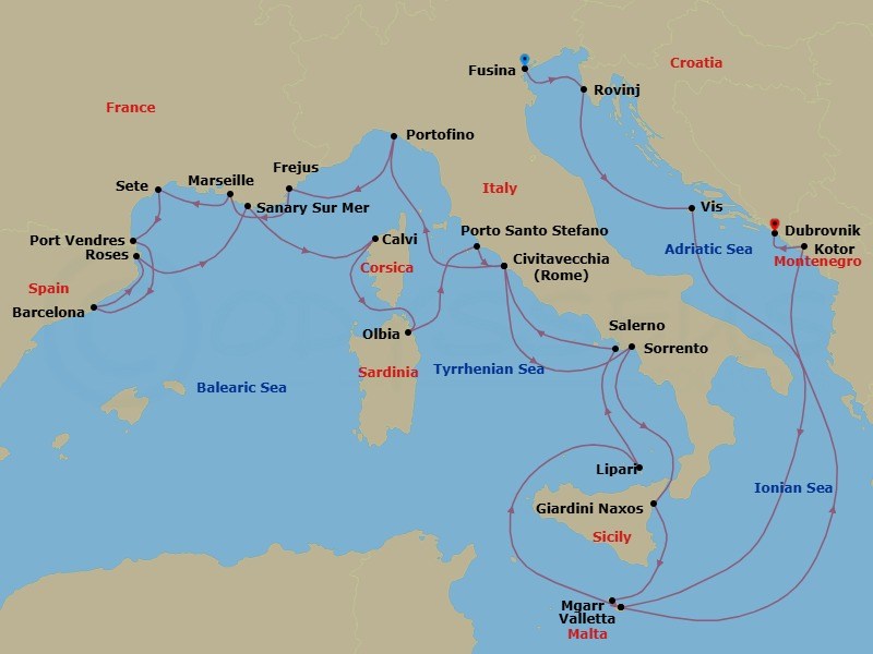 28 Night - Dalmatian Coast, Cote D'azur, Sardinia & Corsica - Seabourn Ovation - Starting in Fusina (Venice), Italy, Rovinj, Croatia, Vis Island, Croatia, Valletta, Malta, Lipari, Italy, Sorrento, Italy, Civitavecchia (Rome), Italy, Portofino, Italy, Frejus, France, La Joliette (Marseille), France, Sete, France, Port-Vendres, France, Barcelona, Spain, Rosas (Roses), Spain, Sanary-sur-Mer, France, Calvi, Corsica, France, Olbia, Sardinia, Italy, Porto Santo Stefano, Italy, Civitavecchia (Rome), Italy, Salerno, Italy, Giardini Naxos (Taormina), Italy, Mgarr (Victoria MT), Gozo, Malta, Valletta, Malta, Kotor, Montenegro, Dubrovnik, Croatia itinerary map