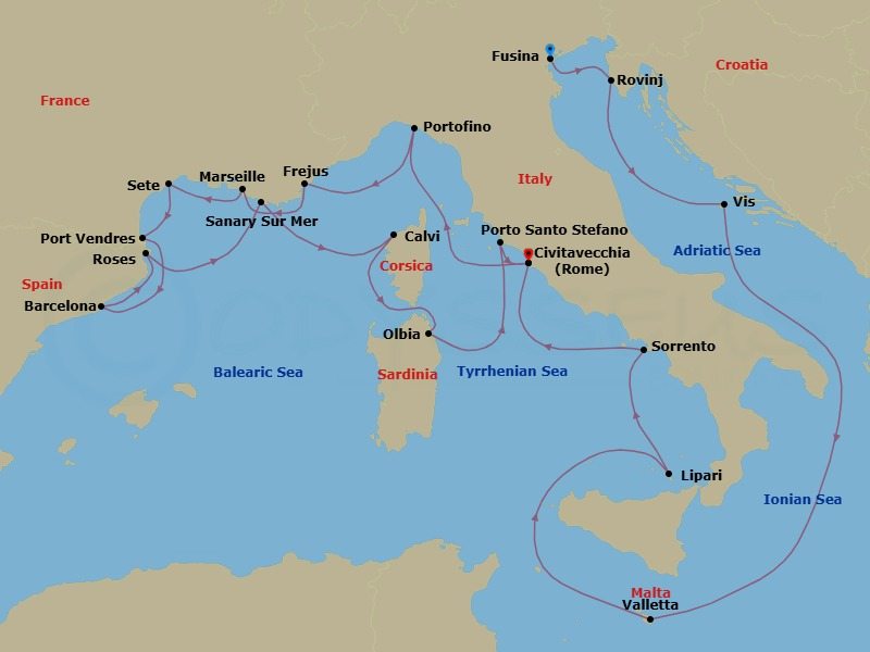 21 Night - Dalmatian Gems, Cote D'azur, Sardinia & Corsica - Seabourn Ovation - Starting in Fusina (Venice), Italy, Rovinj, Croatia, Vis Island, Croatia, Valletta, Malta, Lipari, Italy, Sorrento, Italy, Civitavecchia (Rome), Italy, Portofino, Italy, Frejus, France, La Joliette (Marseille), France, Sete, France, Port-Vendres, France, Barcelona, Spain, Rosas (Roses), Spain, Sanary-sur-Mer, France, Calvi, Corsica, France, Olbia, Sardinia, Italy, Porto Santo Stefano, Italy, Civitavecchia (Rome), Italy itinerary map