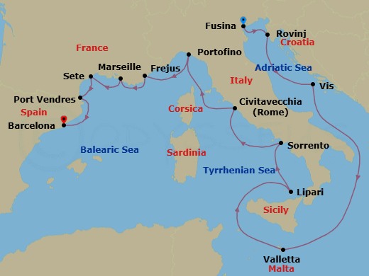 14 Night - Dalmatian Gems, Malta & Southern France - Seabourn Ovation - Starting in Fusina (Venice), Italy, Rovinj, Croatia, Vis Island, Croatia, Valletta, Malta, Lipari, Italy, Sorrento, Italy, Civitavecchia (Rome), Italy, Portofino, Italy, Frejus, France, La Joliette (Marseille), France, Sete, France, Port-Vendres, France, Barcelona, Spain itinerary map