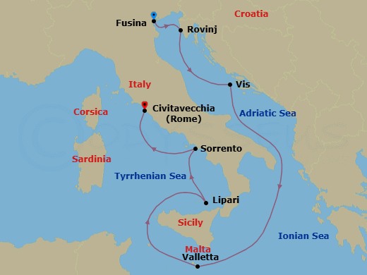 7 Night - Dalmatian Gems, Malta & Italy - Seabourn Ovation - Starting in Fusina (Venice), Italy, Rovinj, Croatia, Vis Island, Croatia, Valletta, Malta, Lipari, Italy, Sorrento, Italy, Civitavecchia (Rome), Italy itinerary map