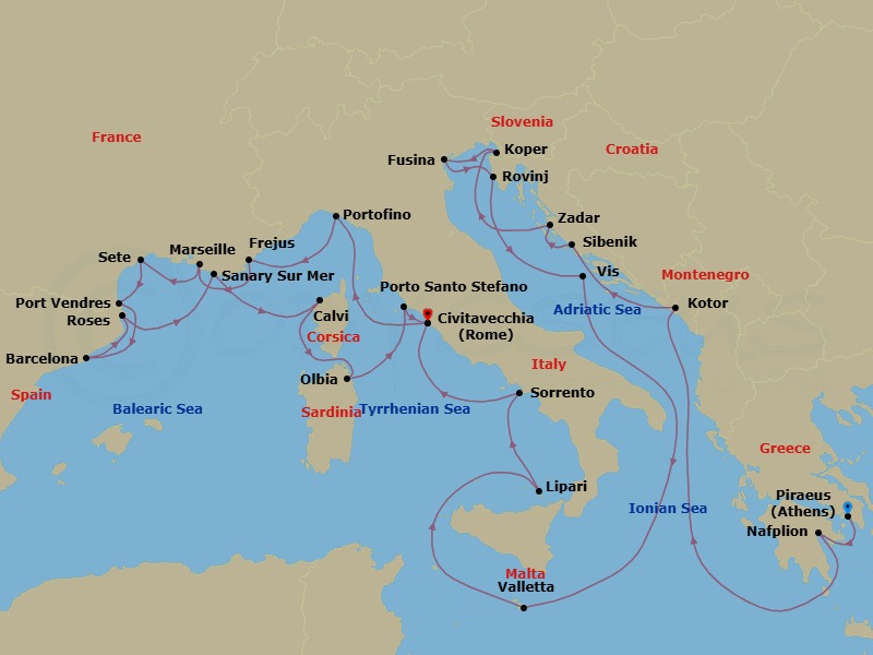 28 Night - Greece, Croatia, Slovenia & French Yacht Harbors - Seabourn Ovation - Starting in Piraeus (Athens), Greece, Nafplion, Greece, Kotor, Montenegro, Vodice (Sibenik), Croatia, Zadar, Croatia, Koper, Slovenia, Fusina (Venice), Italy, Rovinj, Croatia, Vis Island, Croatia, Valletta, Malta, Lipari, Italy, Sorrento, Italy, Civitavecchia (Rome), Italy, Portofino, Italy, Frejus, France, La Joliette (Marseille), France, Sete, France, Port-Vendres, France, Barcelona, Spain, Rosas (Roses), Spain, Sanary-sur-Mer, France, Calvi, Corsica, France, Olbia, Sardinia, Italy, Porto Santo Stefano, Italy, Civitavecchia (Rome), Italy itinerary map
