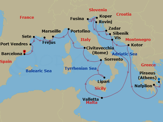 21 Night - Hidden Gems of Greece & Yacht Harbors of France - Seabourn Ovation - Starting in Piraeus (Athens), Greece, Nafplion, Greece, Kotor, Montenegro, Vodice (Sibenik), Croatia, Zadar, Croatia, Koper, Slovenia, Fusina (Venice), Italy, Rovinj, Croatia, Vis Island, Croatia, Valletta, Malta, Lipari, Italy, Sorrento, Italy, Civitavecchia (Rome), Italy, Portofino, Italy, Frejus, France, La Joliette (Marseille), France, Sete, France, Port-Vendres, France, Barcelona, Spain itinerary map