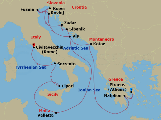 14 Night - Hidden Gems of Greece, Croatia, Malta & Italy - Seabourn Ovation - Starting in Piraeus (Athens), Greece, Nafplion, Greece, Kotor, Montenegro, Vodice (Sibenik), Croatia, Zadar, Croatia, Koper, Slovenia, Fusina (Venice), Italy, Rovinj, Croatia, Vis Island, Croatia, Valletta, Malta, Lipari, Italy, Sorrento, Italy, Civitavecchia (Rome), Italy itinerary map