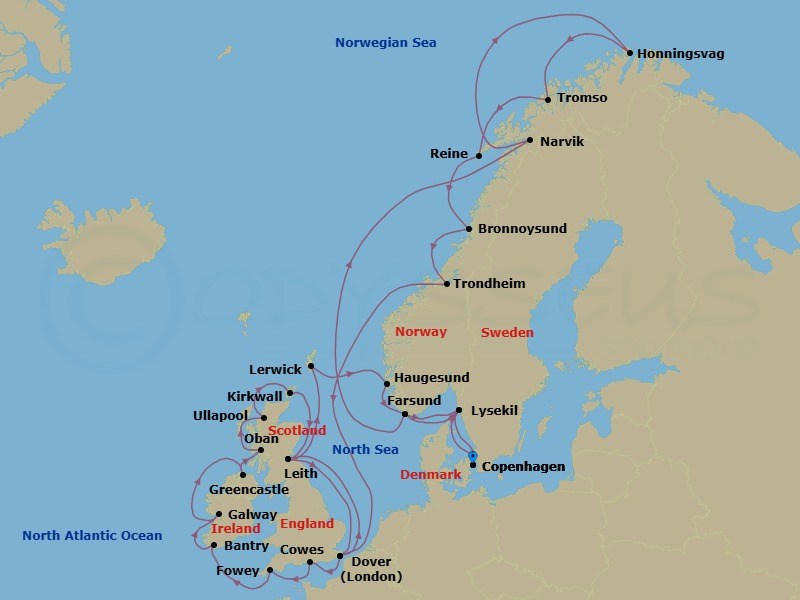 36 Night - Northern Europe Explorer : Norway & the British Isles - Seabourn Quest - Starting in Copenhagen, Denmark, Lysekil, Sweden, Farsund, Norway, Narvik, Norway, Honningsvag, Norway, Tromso, Norway, Reine, Norway, Bronnoysund, Norway, Trondheim, Norway, Dover UK (London), England, Cowes, Isle of Wight, England, UK, Fowey, Cornwall, United Kingdom, Bantry, Ireland, Galway, Ireland, Greencastle (Londonderry), Ireland, Oban UK, Scotland, Ullapool, Scotland, United Kingdom, Kirkwall, Scotland, United Kingdom, Leith (Edinburgh), Scotland, United Kingdom, Dover UK (London), England, Leith (Edinburgh), Scotland, United Kingdom, Lerwick, Shetland Islands, United Kingdom, Haugesund, Norway, Farsund, Norway, Lysekil, Sweden, Copenhagen, Denmark itinerary map