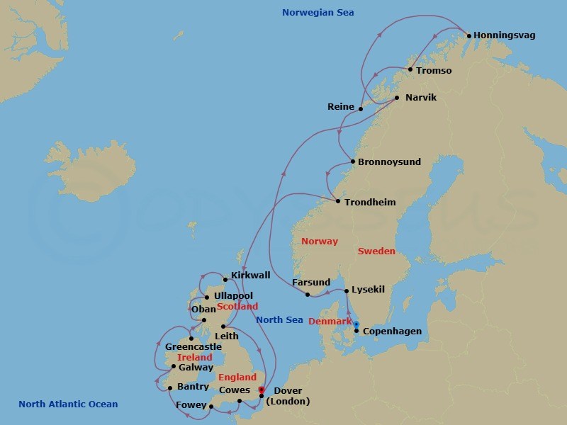 28 Night - Norway, Celtic Shores & Scottish Isles - Seabourn Quest - Starting in Copenhagen, Denmark, Lysekil, Sweden, Farsund, Norway, Narvik, Norway, Honningsvag, Norway, Tromso, Norway, Reine, Norway, Bronnoysund, Norway, Trondheim, Norway, Dover UK (London), England, Cowes, Isle of Wight, England, UK, Fowey, Cornwall, United Kingdom, Bantry, Ireland, Galway, Ireland, Greencastle (Londonderry), Ireland, Oban UK, Scotland, Ullapool, Scotland, United Kingdom, Kirkwall, Scotland, United Kingdom, Leith (Edinburgh), Scotland, United Kingdom, Dover UK (London), England itinerary map