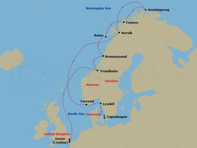 14 Night - Norway's Hidden Harbors in the Midnight Sun - Seabourn Quest - Starting in Copenhagen, Denmark, Lysekil, Sweden, Farsund, Norway, Narvik, Norway, Honningsvag, Norway, Tromso, Norway, Reine, Norway, Bronnoysund, Norway, Trondheim, Norway, Dover UK (London), England itinerary map