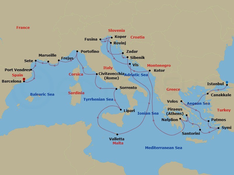 28 Night - Yacht Harbor Exploration : the Aegean to Cote D'azur - Seabourn Ovation - Starting in Istanbul, Turkey, Canakkale, Turkey, Volos, Greece, Patmos, Greece, Symi, Greece, Santorini, Greece, Piraeus (Athens), Greece, Nafplion, Greece, Kotor, Montenegro, Vodice (Sibenik), Croatia, Zadar, Croatia, Koper, Slovenia, Fusina (Venice), Italy, Rovinj, Croatia, Vis Island, Croatia, Valletta, Malta, Lipari, Italy, Sorrento, Italy, Civitavecchia (Rome), Italy, Portofino, Italy, Frejus, France, La Joliette (Marseille), France, Sete, France, Port-Vendres, France, Barcelona, Spain itinerary map