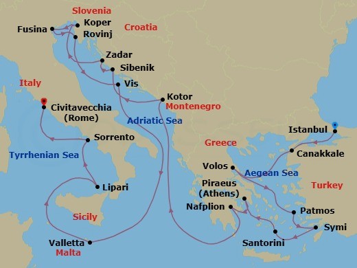 21 Night - Yacht Harbors of Greece & Dalmatian Gems - Seabourn Ovation - Starting in Istanbul, Turkey, Canakkale, Turkey, Volos, Greece, Patmos, Greece, Symi, Greece, Santorini, Greece, Piraeus (Athens), Greece, Nafplion, Greece, Kotor, Montenegro, Vodice (Sibenik), Croatia, Zadar, Croatia, Koper, Slovenia, Fusina (Venice), Italy, Rovinj, Croatia, Vis Island, Croatia, Valletta, Malta, Lipari, Italy, Sorrento, Italy, Civitavecchia (Rome), Italy itinerary map