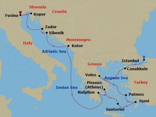 14 Night - Yacht Harbors of Greece, Croatia & Slovenia - Seabourn Ovation - Starting in Istanbul, Turkey, Canakkale, Turkey, Volos, Greece, Patmos, Greece, Symi, Greece, Santorini, Greece, Piraeus (Athens), Greece, Nafplion, Greece, Kotor, Montenegro, Vodice (Sibenik), Croatia, Zadar, Croatia, Koper, Slovenia, Fusina (Venice), Italy itinerary map