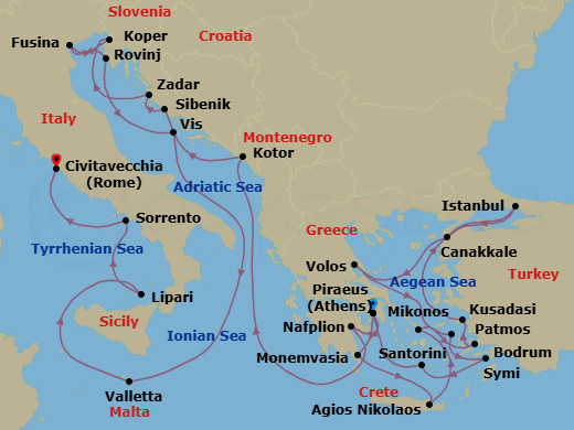 28 Night - Greek Isles, Evening at Ephesus & Dalmatian Gems - Seabourn Ovation - Starting in Piraeus (Athens), Greece, Monemvasia, Greece, Agios Nikolaos, Crete, Greece, Mykonos, Greece, Bodrum, Turkey, Kusadasi (Ephesus), Turkey, Istanbul, Turkey, Canakkale, Turkey, Volos, Greece, Patmos, Greece, Symi, Greece, Santorini, Greece, Piraeus (Athens), Greece, Nafplion, Greece, Kotor, Montenegro, Vodice (Sibenik), Croatia, Zadar, Croatia, Koper, Slovenia, Fusina (Venice), Italy, Rovinj, Croatia, Vis Island, Croatia, Valletta, Malta, Lipari, Italy, Sorrento, Italy, Civitavecchia (Rome), Italy itinerary map