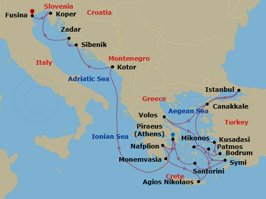 21 Night - Greek Isles, Evening at Ephesus, Croatia & Slovenia - Seabourn Ovation - Starting in Piraeus (Athens), Greece, Monemvasia, Greece, Agios Nikolaos, Crete, Greece, Mykonos, Greece, Bodrum, Turkey, Kusadasi (Ephesus), Turkey, Istanbul, Turkey, Canakkale, Turkey, Volos, Greece, Patmos, Greece, Symi, Greece, Santorini, Greece, Piraeus (Athens), Greece, Nafplion, Greece, Kotor, Montenegro, Vodice (Sibenik), Croatia, Zadar, Croatia, Koper, Slovenia, Fusina (Venice), Italy itinerary map