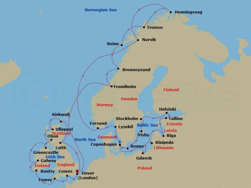 40 Night - Hidden Gems of the Midnight Sun - Seabourn Quest - Starting in Copenhagen, Denmark, Ronne (Bornholm), Denmark, Visby, Gotland, Sweden, Stockholm, Sweden, Helsinki, Finland, Tallinn, Estonia, Riga, Latvia, Klaipeda, Lithuania, Gdansk, Poland, Copenhagen, Denmark, Lysekil, Sweden, Farsund, Norway, Narvik, Norway, Honningsvag, Norway, Tromso, Norway, Reine, Norway, Bronnoysund, Norway, Trondheim, Norway, Dover UK (London), England, Cowes, Isle of Wight, England, UK, Fowey, Cornwall, United Kingdom, Bantry, Ireland, Galway, Ireland, Greencastle (Londonderry), Ireland, Oban UK, Scotland, Ullapool, Scotland, United Kingdom, Kirkwall, Scotland, United Kingdom, Leith (Edinburgh), Scotland, United Kingdom, Dover UK (London), England itinerary map