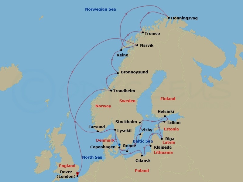 26 Night - Sweden, Baltic Explorer & Norwegian Fjords - Seabourn Quest - Starting in Copenhagen, Denmark, Ronne (Bornholm), Denmark, Visby, Gotland, Sweden, Stockholm, Sweden, Helsinki, Finland, Tallinn, Estonia, Riga, Latvia, Klaipeda, Lithuania, Gdansk, Poland, Copenhagen, Denmark, Lysekil, Sweden, Farsund, Norway, Narvik, Norway, Honningsvag, Norway, Tromso, Norway, Reine, Norway, Bronnoysund, Norway, Trondheim, Norway, Dover UK (London), England itinerary map