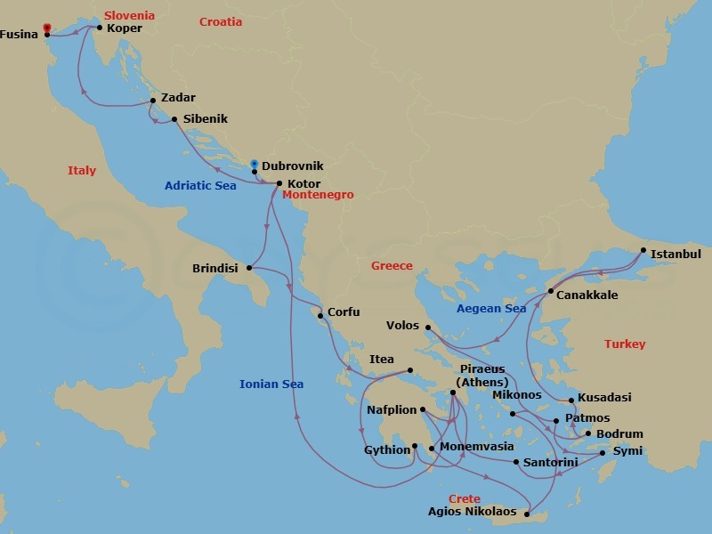 28 Night - Italy, Greek Yacht Harbors, Croatia & Slovenia - Seabourn Ovation - Starting in Dubrovnik, Croatia, Kotor, Montenegro, Brindisi (Lecce), Italy, Corfu, Greece, Itea (Delphi), Greece, Gythion (Sparta), Greece, Piraeus (Athens), Greece, Monemvasia, Greece, Agios Nikolaos, Crete, Greece, Mykonos, Greece, Bodrum, Turkey, Kusadasi (Ephesus), Turkey, Istanbul, Turkey, Canakkale, Turkey, Volos, Greece, Patmos, Greece, Symi, Greece, Santorini, Greece, Piraeus (Athens), Greece, Nafplion, Greece, Kotor, Montenegro, Vodice (Sibenik), Croatia, Zadar, Croatia, Koper, Slovenia, Fusina (Venice), Italy itinerary map