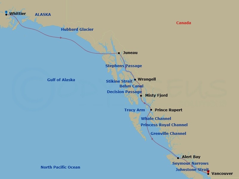 10 Night - Alaska Glaciers, Summer Solstice & Canadian Channels - Seabourn Encore - Starting in Whittier, Alaska, Harriman Fjord, Hubbard Glacier, Juneau, Alaska, Tracy Arm or Endicott Arm, Cruising Stephens Passage, Transit Decision Passage, Wrangell, Alaska, Cruising Stikine Strait, Cruising Behm Canal, Rudyerd Bay (Misty Fjords), Scenic cruising Misty Fjords, Prince Rupert, British Columbia, Canada, Scenic cruising Grenville Channel, Scenic cruising Whale Channel, Scenic cruising Princess Royal Channel, Alert Bay, British Columbia, Canada, Scenic cruising Johnstone Strait, Transit the Seymour Narrows, Vancouver, BC, CA itinerary map