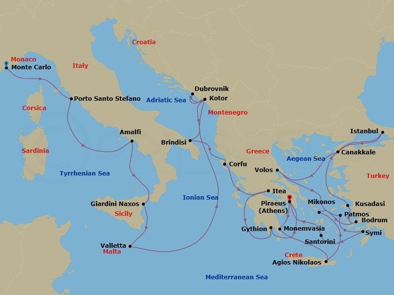 28 Night - Mediterranean Yacht Harbors & Evening at Ephesus - Seabourn Ovation - Starting in Monte Carlo, Monaco, Porto Santo Stefano, Italy, Amalfi, Italy, Giardini Naxos (Taormina), Italy, Valletta, Malta, Kotor, Montenegro, Dubrovnik, Croatia, Kotor, Montenegro, Brindisi (Lecce), Italy, Corfu, Greece, Itea (Delphi), Greece, Gythion (Sparta), Greece, Piraeus (Athens), Greece, Monemvasia, Greece, Agios Nikolaos, Crete, Greece, Mykonos, Greece, Bodrum, Turkey, Kusadasi (Ephesus), Turkey, Istanbul, Turkey, Canakkale, Turkey, Volos, Greece, Patmos, Greece, Symi, Greece, Santorini, Greece, Piraeus (Athens), Greece itinerary map