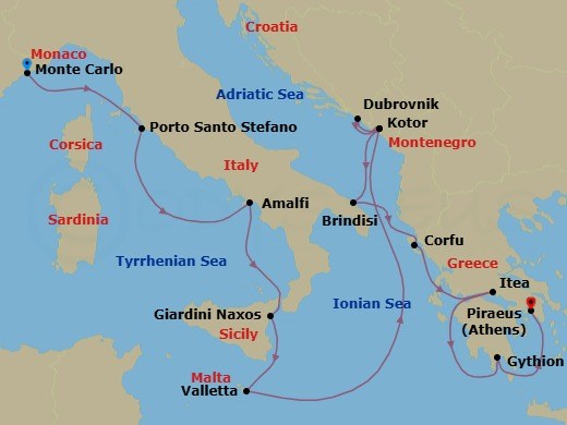 14 Night - Exploring Pompeii, Sicily, Montenegro & Greece - Seabourn Ovation - Starting in Monte Carlo, Monaco, Porto Santo Stefano, Italy, Amalfi, Italy, Giardini Naxos (Taormina), Italy, Valletta, Malta, Kotor, Montenegro, Dubrovnik, Croatia, Kotor, Montenegro, Brindisi (Lecce), Italy, Corfu, Greece, Itea (Delphi), Greece, Gythion (Sparta), Greece, Piraeus (Athens), Greece itinerary map