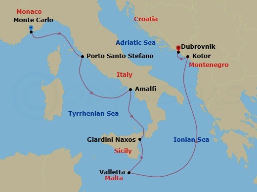 7 Night - Pompeii, Sicily, Malta & Montenegro - Seabourn Ovation - Starting in Monte Carlo, Monaco, Porto Santo Stefano, Italy, Amalfi, Italy, Giardini Naxos (Taormina), Italy, Valletta, Malta, Kotor, Montenegro, Dubrovnik, Croatia itinerary map