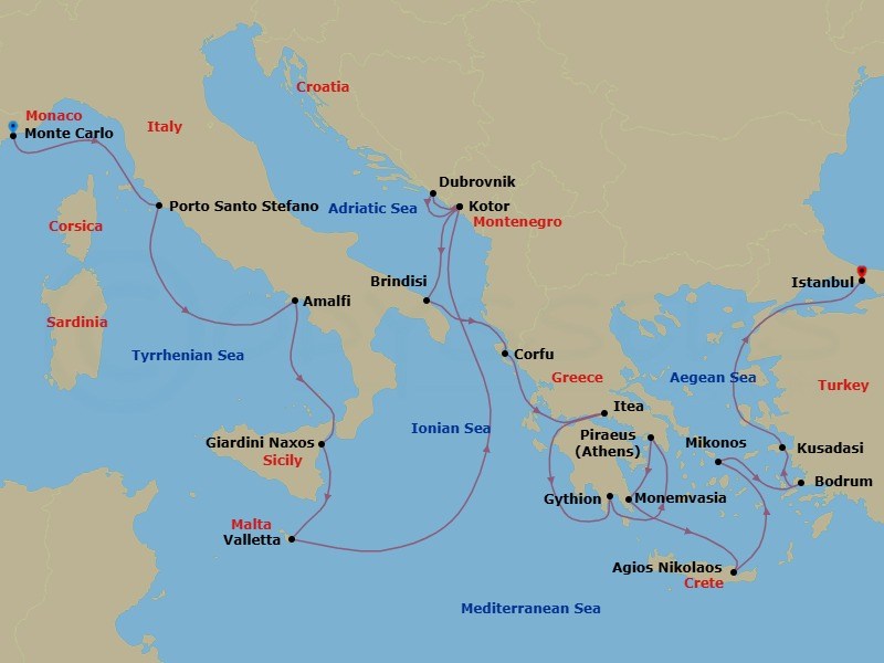 21 Night - Mediterranean Isle Exploration & Evening at Ephesus - Seabourn Ovation - Starting in Monte Carlo, Monaco, Porto Santo Stefano, Italy, Amalfi, Italy, Giardini Naxos (Taormina), Italy, Valletta, Malta, Kotor, Montenegro, Dubrovnik, Croatia, Kotor, Montenegro, Brindisi (Lecce), Italy, Corfu, Greece, Itea (Delphi), Greece, Gythion (Sparta), Greece, Piraeus (Athens), Greece, Monemvasia, Greece, Agios Nikolaos, Crete, Greece, Mykonos, Greece, Bodrum, Turkey, Kusadasi (Ephesus), Turkey, Istanbul, Turkey itinerary map