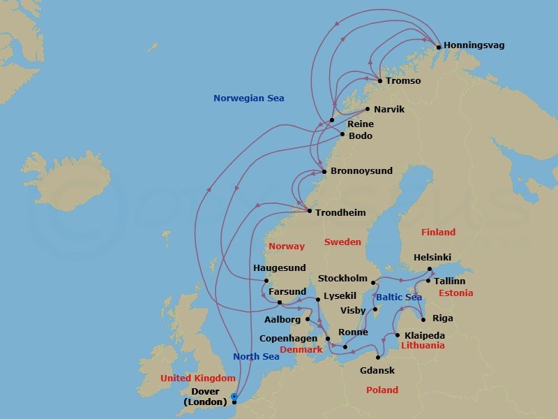 40 Night - Norway's Hidden Harbors & Scandinavian Gems - Seabourn Quest - Starting in Dover UK (London), England, Trondheim, Norway, Bronnoysund, Norway, Reine, Norway, Tromso, Norway, Honningsvag, Norway, Bodo, Norway, Haugesund, Norway, Farsund, Norway, Aalborg, Denmark, Copenhagen, Denmark, Ronne (Bornholm), Denmark, Visby, Gotland, Sweden, Stockholm, Sweden, Helsinki, Finland, Tallinn, Estonia, Riga, Latvia, Klaipeda, Lithuania, Gdansk, Poland, Copenhagen, Denmark, Lysekil, Sweden, Farsund, Norway, Narvik, Norway, Honningsvag, Norway, Tromso, Norway, Reine, Norway, Bronnoysund, Norway, Trondheim, Norway, Dover UK (London), England itinerary map