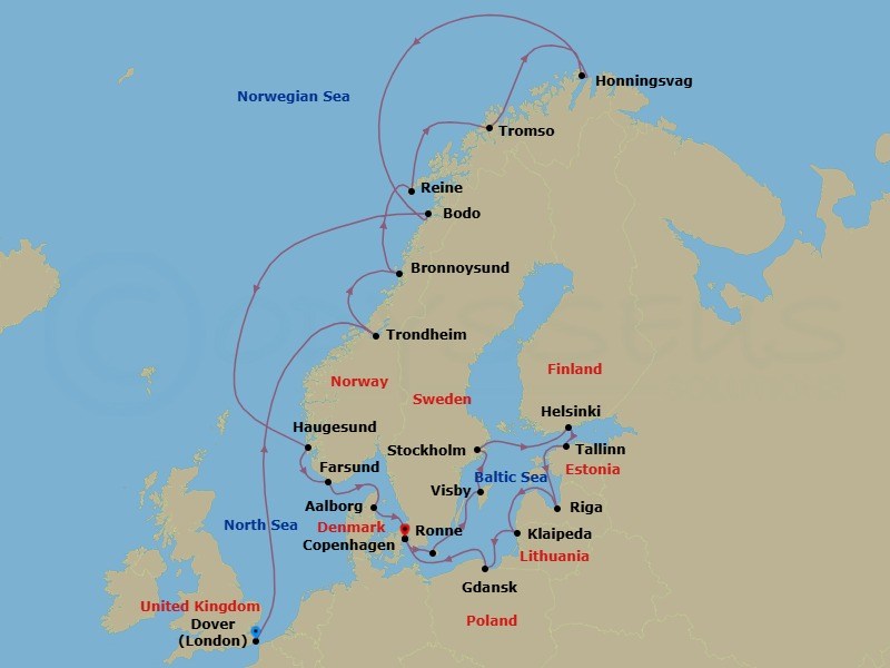 26 Night - North Cape, Scandinavian & Baltic Explorer - Seabourn Quest - Starting in Dover UK (London), England, Trondheim, Norway, Bronnoysund, Norway, Reine, Norway, Tromso, Norway, Honningsvag, Norway, Bodo, Norway, Haugesund, Norway, Farsund, Norway, Aalborg, Denmark, Copenhagen, Denmark, Ronne (Bornholm), Denmark, Visby, Gotland, Sweden, Stockholm, Sweden, Helsinki, Finland, Tallinn, Estonia, Riga, Latvia, Klaipeda, Lithuania, Gdansk, Poland, Copenhagen, Denmark itinerary map