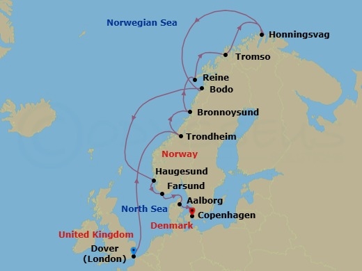 14 Night - Norway's North Cape in Summer Solstice - Seabourn Quest - Starting in Dover UK (London), England, Trondheim, Norway, Bronnoysund, Norway, Reine, Norway, Tromso, Norway, Honningsvag, Norway, Bodo, Norway, Haugesund, Norway, Farsund, Norway, Aalborg, Denmark, Copenhagen, Denmark itinerary map