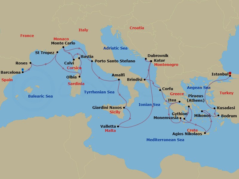 28 Night - France, Italy, Greece & Evening at Ephesus - Seabourn Ovation - Starting in Barcelona, Spain, Rosas (Roses), Spain, St Tropez, France, Olbia, Sardinia, Italy, Bastia, Corsica, France, Calvi, Corsica, France, Monte Carlo, Monaco, Porto Santo Stefano, Italy, Amalfi, Italy, Giardini Naxos (Taormina), Italy, Valletta, Malta, Kotor, Montenegro, Dubrovnik, Croatia, Kotor, Montenegro, Brindisi (Lecce), Italy, Corfu, Greece, Itea (Delphi), Greece, Gythion (Sparta), Greece, Piraeus (Athens), Greece, Monemvasia, Greece, Agios Nikolaos, Crete, Greece, Mykonos, Greece, Bodrum, Turkey, Kusadasi (Ephesus), Turkey, Istanbul, Turkey itinerary map