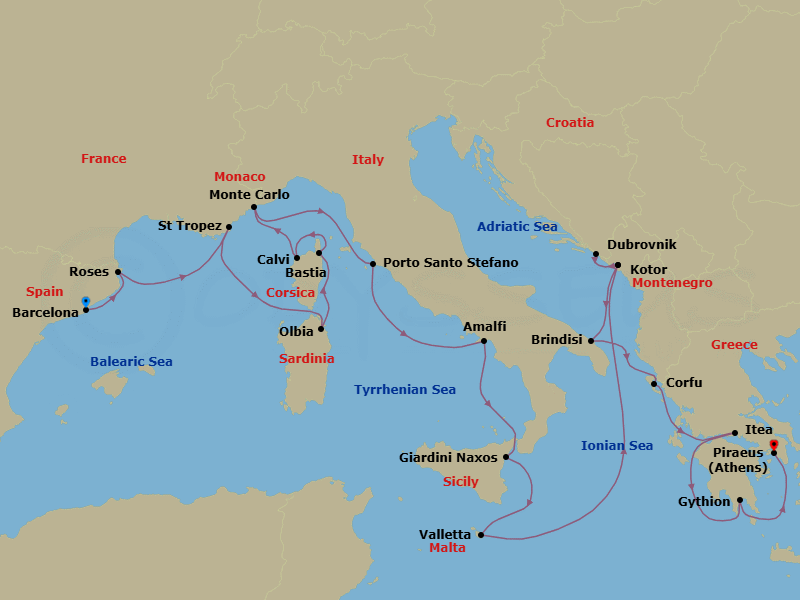 21 Night - French Yacht Harbors, Montenegro, Italy & Greece - Seabourn Ovation - Starting in Barcelona, Spain, Rosas (Roses), Spain, St Tropez, France, Olbia, Sardinia, Italy, Bastia, Corsica, France, Calvi, Corsica, France, Monte Carlo, Monaco, Porto Santo Stefano, Italy, Amalfi, Italy, Giardini Naxos (Taormina), Italy, Valletta, Malta, Kotor, Montenegro, Dubrovnik, Croatia, Kotor, Montenegro, Brindisi (Lecce), Italy, Corfu, Greece, Itea (Delphi), Greece, Gythion (Sparta), Greece, Piraeus (Athens), Greece itinerary map
