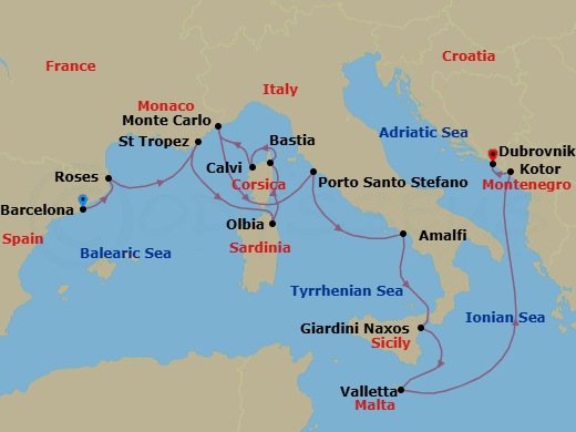 14 Night - Exploring French Yacht Harbors & Mediterranean Isles - Seabourn Ovation - Starting in Barcelona, Spain, Rosas (Roses), Spain, St Tropez, France, Olbia, Sardinia, Italy, Bastia, Corsica, France, Calvi, Corsica, France, Monte Carlo, Monaco, Porto Santo Stefano, Italy, Amalfi, Italy, Giardini Naxos (Taormina), Italy, Valletta, Malta, Kotor, Montenegro, Dubrovnik, Croatia itinerary map