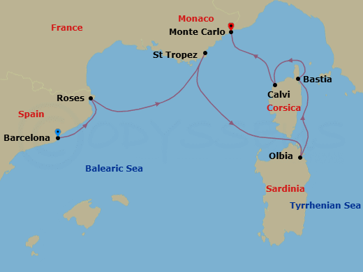 7 Night - French Yacht Harbors, Sardinia & Corsica - Seabourn Ovation - Starting in Barcelona, Spain, Rosas (Roses), Spain, St Tropez, France, Olbia, Sardinia, Italy, Bastia, Corsica, France, Calvi, Corsica, France, Monte Carlo, Monaco itinerary map