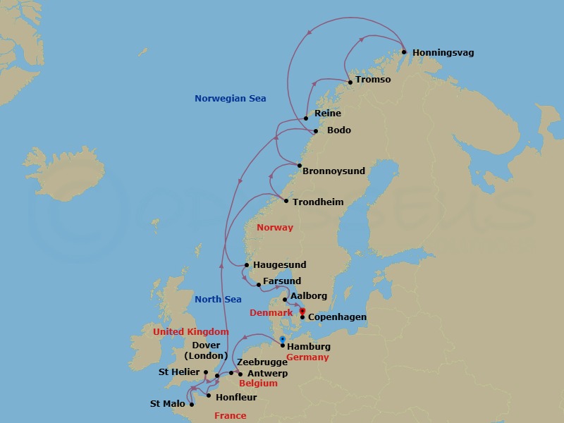 21 Night - Exploring France, Norway's North Cape & Danish Shores - Seabourn Quest - Starting in Hamburg, Germany, Antwerp, Belgium, Zeebrugge (Brussels), Belgium, Honfleur, France, St Malo (Le Mont Saint Michel), France, Saint Helier, Jersey, Dover UK (London), England, Trondheim, Norway, Bronnoysund, Norway, Reine, Norway, Tromso, Norway, Honningsvag, Norway, Bodo, Norway, Haugesund, Norway, Farsund, Norway, Aalborg, Denmark, Copenhagen, Denmark itinerary map