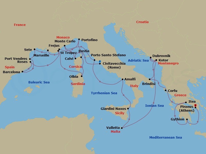 28 Night - Hidden Harbors of France, Spain, Italy & Greece - Seabourn Ovation - Starting in Civitavecchia (Rome), Italy, Portofino, Italy, Frejus, France, La Joliette (Marseille), France, Sete, France, Port-Vendres, France, Barcelona, Spain, Rosas (Roses), Spain, St Tropez, France, Olbia, Sardinia, Italy, Bastia, Corsica, France, Calvi, Corsica, France, Monte Carlo, Monaco, Porto Santo Stefano, Italy, Amalfi, Italy, Giardini Naxos (Taormina), Italy, Valletta, Malta, Kotor, Montenegro, Dubrovnik, Croatia, Kotor, Montenegro, Brindisi (Lecce), Italy, Corfu, Greece, Itea (Delphi), Greece, Gythion (Sparta), Greece, Piraeus (Athens), Greece itinerary map