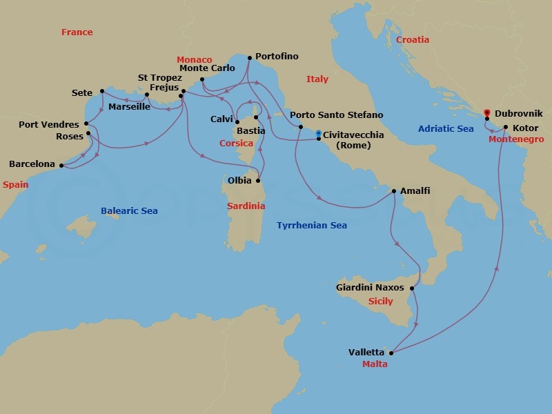 21 Night - French Yacht Harbors, Sardinia & Corsica - Seabourn Ovation - Starting in Civitavecchia (Rome), Italy, Portofino, Italy, Frejus, France, La Joliette (Marseille), France, Sete, France, Port-Vendres, France, Barcelona, Spain, Rosas (Roses), Spain, St Tropez, France, Olbia, Sardinia, Italy, Bastia, Corsica, France, Calvi, Corsica, France, Monte Carlo, Monaco, Porto Santo Stefano, Italy, Amalfi, Italy, Giardini Naxos (Taormina), Italy, Valletta, Malta, Kotor, Montenegro, Dubrovnik, Croatia itinerary map