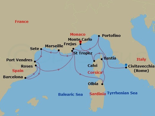 14 Night - French Yacht Harbors, Southern France & Corsica - Seabourn Ovation - Starting in Civitavecchia (Rome), Italy, Portofino, Italy, Frejus, France, La Joliette (Marseille), France, Sete, France, Port-Vendres, France, Barcelona, Spain, Rosas (Roses), Spain, St Tropez, France, Olbia, Sardinia, Italy, Bastia, Corsica, France, Calvi, Corsica, France, Monte Carlo, Monaco itinerary map