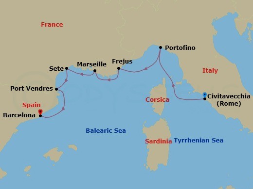 7 Night - Yacht Harbors of the Cote D'azur - Seabourn Ovation - Starting in Civitavecchia (Rome), Italy, Portofino, Italy, Frejus, France, La Joliette (Marseille), France, Sete, France, Port-Vendres, France, Barcelona, Spain itinerary map