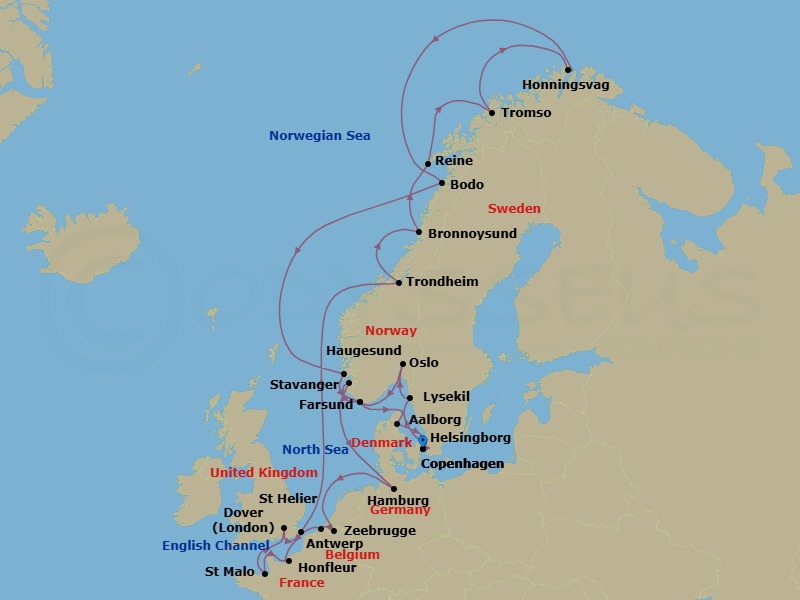 28 Night - Hidden Gems of Sweden, France & Norway's North Cape - Seabourn Quest - Starting in Copenhagen, Denmark, Helsingborg, Sweden, Lysekil, Sweden, Oslo, Norway, Farsund, Norway, Stavanger, Norway, Hamburg, Germany, Antwerp, Belgium, Zeebrugge (Brussels), Belgium, Honfleur, France, St Malo (Le Mont Saint Michel), France, Saint Helier, Jersey, Dover UK (London), England, Trondheim, Norway, Bronnoysund, Norway, Reine, Norway, Tromso, Norway, Honningsvag, Norway, Bodo, Norway, Haugesund, Norway, Farsund, Norway, Aalborg, Denmark, Copenhagen, Denmark itinerary map