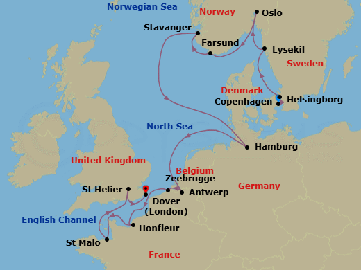 14 Night - Hidden Gems of Sweden, Norway & France - Seabourn Quest - Starting in Copenhagen, Denmark, Helsingborg, Sweden, Lysekil, Sweden, Oslo, Norway, Farsund, Norway, Stavanger, Norway, Hamburg, Germany, Antwerp, Belgium, Zeebrugge (Brussels), Belgium, Honfleur, France, St Malo (Le Mont Saint Michel), France, Saint Helier, Jersey, Dover UK (London), England itinerary map
