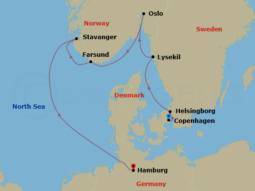 7 Night - Hidden Gems of Sweden & Norway - Seabourn Quest - Starting in Copenhagen, Denmark, Helsingborg, Sweden, Lysekil, Sweden, Oslo, Norway, Farsund, Norway, Stavanger, Norway, Hamburg, Germany itinerary map
