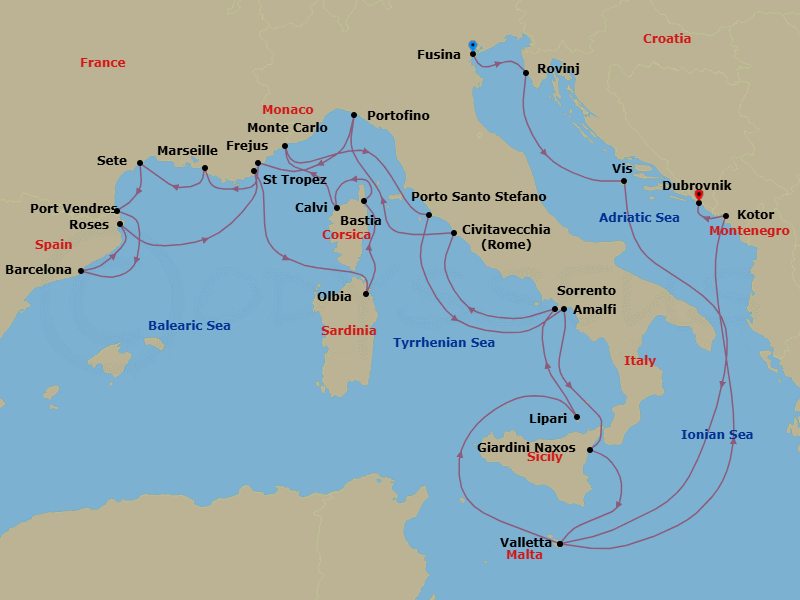 28 Night - Dalmatian Coast, Cote D'azur, Sardinia & Corsica - Seabourn Ovation - Starting in Fusina (Venice), Italy, Rovinj, Croatia, Vis Island, Croatia, Valletta, Malta, Lipari, Italy, Sorrento, Italy, Civitavecchia (Rome), Italy, Portofino, Italy, Frejus, France, La Joliette (Marseille), France, Sete, France, Port-Vendres, France, Barcelona, Spain, Rosas (Roses), Spain, St Tropez, France, Olbia, Sardinia, Italy, Bastia, Corsica, France, Calvi, Corsica, France, Monte Carlo, Monaco, Porto Santo Stefano, Italy, Amalfi, Italy, Giardini Naxos (Taormina), Italy, Valletta, Malta, Kotor, Montenegro, Dubrovnik, Croatia itinerary map