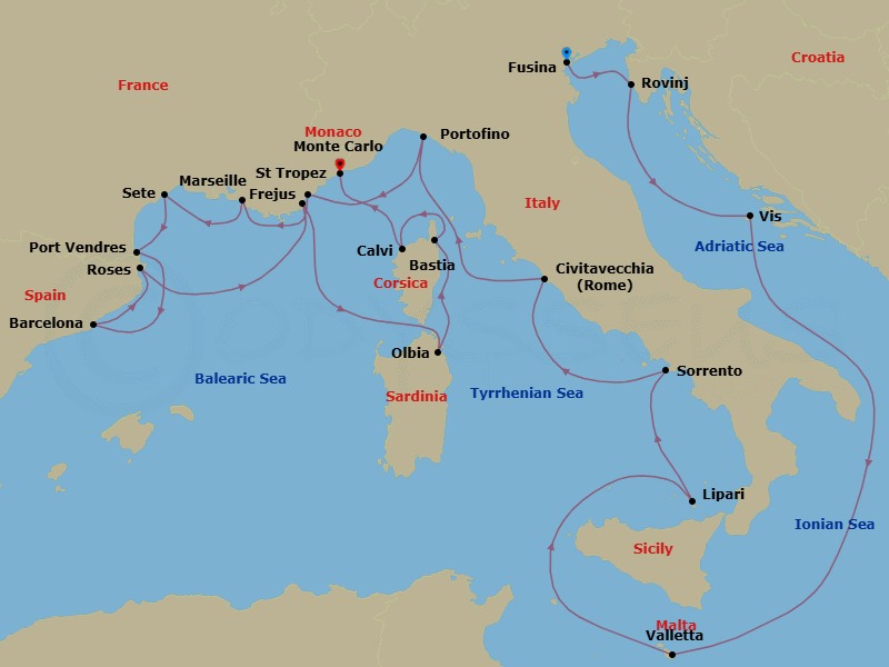 21 Night - Dalmatian Gems, Cote D'azur, Sardinia & Corsica - Seabourn Ovation - Starting in Fusina (Venice), Italy, Rovinj, Croatia, Vis Island, Croatia, Valletta, Malta, Lipari, Italy, Sorrento, Italy, Civitavecchia (Rome), Italy, Portofino, Italy, Frejus, France, La Joliette (Marseille), France, Sete, France, Port-Vendres, France, Barcelona, Spain, Rosas (Roses), Spain, St Tropez, France, Olbia, Sardinia, Italy, Bastia, Corsica, France, Calvi, Corsica, France, Monte Carlo, Monaco itinerary map