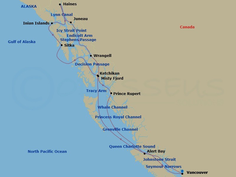 14 Night - Glacier Bay, Fjords & Inside Passage - Seabourn Encore - Starting in Vancouver, BC, CA, Transit the Seymour Narrows, Cruising the Queen Charlotte Sound, Ketchikan, Alaska, Transit Snow Pass, Transit Decision Passage, Sitka, Alaska, Glacier Bay, Inian Islands, Alaska, Icy Strait Point, Alaska, Haines, Alaska, Cruising Lynn Canal, Juneau, Alaska, Tracy Arm or Endicott Arm, Cruising Stephens Passage, Transit Decision Passage, Wrangell, Alaska, Cruising Stikine Strait, Cruising Behm Canal, Rudyerd Bay (Misty Fjords), Scenic cruising Misty Fjords, Prince Rupert, British Columbia, Canada, Scenic cruising Grenville Channel, Scenic cruising Whale Channel, Scenic cruising Princess Royal Channel, Alert Bay, British Columbia, Canada, Scenic cruising Johnstone Strait, Transit the Seymour Narrows, Vancouver, BC, CA itinerary map