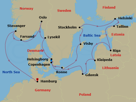 19 Night - Exploring Scandinavia & the Baltic Sea - Seabourn Quest - Starting in Copenhagen, Denmark, Ronne (Bornholm), Denmark, Visby, Gotland, Sweden, Stockholm, Sweden, Helsinki, Finland, Tallinn, Estonia, Riga, Latvia, Klaipeda, Lithuania, Gdansk, Poland, Copenhagen, Denmark, Helsingborg, Sweden, Lysekil, Sweden, Oslo, Norway, Farsund, Norway, Stavanger, Norway, Hamburg, Germany itinerary map