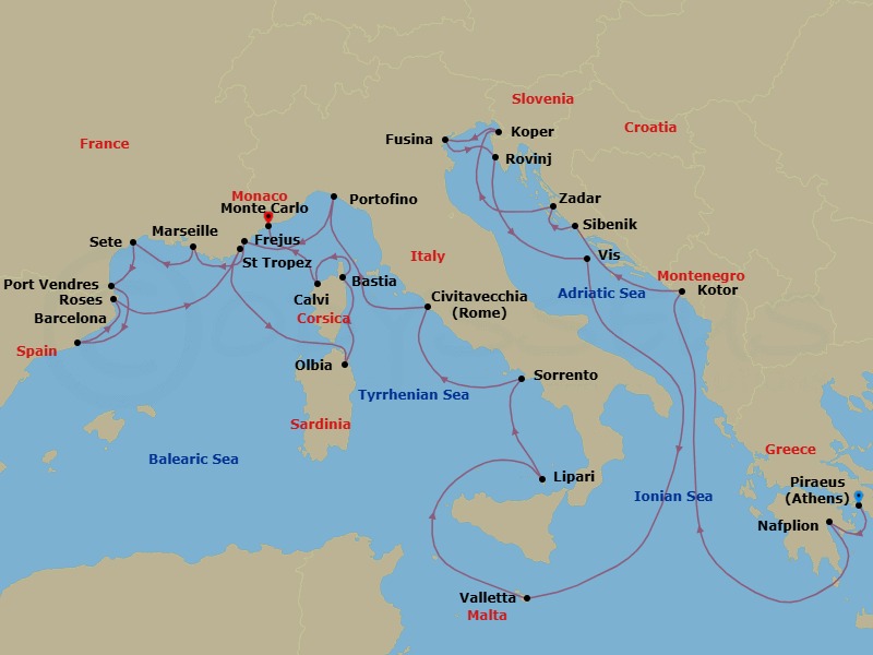 28 Night - Greece, Croatia, Slovenia & French Yacht Harbors - Seabourn Ovation - Starting in Piraeus (Athens), Greece, Nafplion, Greece, Kotor, Montenegro, Vodice (Sibenik), Croatia, Zadar, Croatia, Koper, Slovenia, Fusina (Venice), Italy, Rovinj, Croatia, Vis Island, Croatia, Valletta, Malta, Lipari, Italy, Sorrento, Italy, Civitavecchia (Rome), Italy, Portofino, Italy, Frejus, France, La Joliette (Marseille), France, Sete, France, Port-Vendres, France, Barcelona, Spain, Rosas (Roses), Spain, St Tropez, France, Olbia, Sardinia, Italy, Bastia, Corsica, France, Calvi, Corsica, France, Monte Carlo, Monaco itinerary map