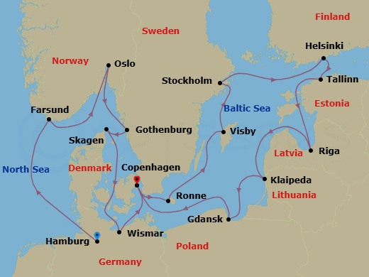 19 Night - Harbors of Norway, Scandinavia & the Baltic - Seabourn Quest - Starting in Hamburg, Germany, Farsund, Norway, Oslo, Norway, Gothenburg, Sweden, Skagen, Denmark, Wismar, Germany, Copenhagen, Denmark, Ronne (Bornholm), Denmark, Visby, Gotland, Sweden, Stockholm, Sweden, Helsinki, Finland, Tallinn, Estonia, Riga, Latvia, Klaipeda, Lithuania, Gdansk, Poland, Copenhagen, Denmark itinerary map