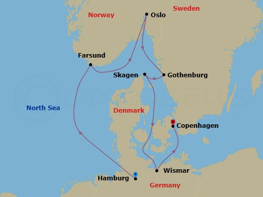 7 Night - Harbors of Norway, Sweden & Denmark - Seabourn Quest - Starting in Hamburg, Germany, Farsund, Norway, Oslo, Norway, Gothenburg, Sweden, Skagen, Denmark, Wismar, Germany, Copenhagen, Denmark itinerary map