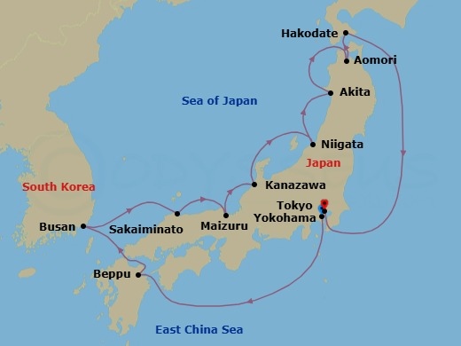 14 Night - Japan's Cherry Blossoms & Kanazawa Nights - Seabourn Encore - Starting in Yokohama, Japan, Beppu, Japan, Scenic Cruising Kanmon Straits, Busan (Pusan), South Korea, Sakaiminato, Japan, Maizuru, Japan, Kanazawa, Japan, Niigata, Japan, Akita, Japan, Aomori, Japan, Hakodate, Japan, Tokyo, Japan itinerary map