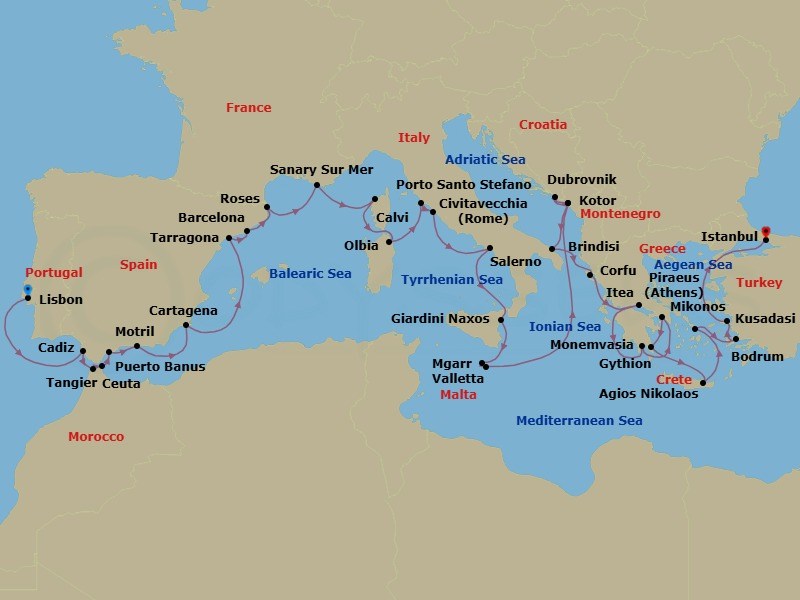 37 Night - Mediterranean Exploration & Evening at Ephesus - Seabourn Ovation - Starting in Lisbon, Portugal, Cadiz (Seville), Spain, Tangier, Morocco, Ceuta, Spanish Morocco, Spain, Puerto Banus, Spain, Motril (Granada), Spain, Cartagena ES, Tarragona, Spain, Barcelona, Spain, Rosas (Roses), Spain, Sanary-sur-Mer, France, Calvi, Corsica, France, Olbia, Sardinia, Italy, Porto Santo Stefano, Italy, Civitavecchia (Rome), Italy, Salerno, Italy, Giardini Naxos (Taormina), Italy, Mgarr (Victoria MT), Gozo, Malta, Valletta, Malta, Kotor, Montenegro, Dubrovnik, Croatia, Kotor, Montenegro, Brindisi (Lecce), Italy, Corfu, Greece, Itea (Delphi), Greece, Gythion (Sparta), Greece, Piraeus (Athens), Greece, Monemvasia, Greece, Agios Nikolaos, Crete, Greece, Mykonos, Greece, Bodrum, Turkey, Kusadasi (Ephesus), Turkey, Istanbul, Turkey itinerary map