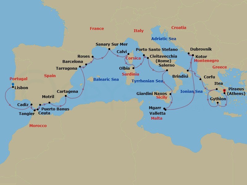 30 Night - Hidden Riviera Gems, Malta, Montenegro & Greece - Seabourn Ovation - Starting in Lisbon, Portugal, Cadiz (Seville), Spain, Tangier, Morocco, Ceuta, Spanish Morocco, Spain, Puerto Banus, Spain, Motril (Granada), Spain, Cartagena ES, Tarragona, Spain, Barcelona, Spain, Rosas (Roses), Spain, Sanary-sur-Mer, France, Calvi, Corsica, France, Olbia, Sardinia, Italy, Porto Santo Stefano, Italy, Civitavecchia (Rome), Italy, Salerno, Italy, Giardini Naxos (Taormina), Italy, Mgarr (Victoria MT), Gozo, Malta, Valletta, Malta, Kotor, Montenegro, Dubrovnik, Croatia, Kotor, Montenegro, Brindisi (Lecce), Italy, Corfu, Greece, Itea (Delphi), Greece, Gythion (Sparta), Greece, Piraeus (Athens), Greece itinerary map