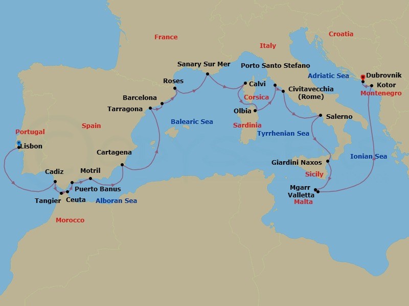 23 Night - Exploring Spain, France, Italy, Malta & Montenegro - Seabourn Ovation - Starting in Lisbon, Portugal, Cadiz (Seville), Spain, Tangier, Morocco, Ceuta, Spanish Morocco, Spain, Puerto Banus, Spain, Motril (Granada), Spain, Cartagena ES, Tarragona, Spain, Barcelona, Spain, Rosas (Roses), Spain, Sanary-sur-Mer, France, Calvi, Corsica, France, Olbia, Sardinia, Italy, Porto Santo Stefano, Italy, Civitavecchia (Rome), Italy, Salerno, Italy, Giardini Naxos (Taormina), Italy, Mgarr (Victoria MT), Gozo, Malta, Valletta, Malta, Kotor, Montenegro, Dubrovnik, Croatia itinerary map